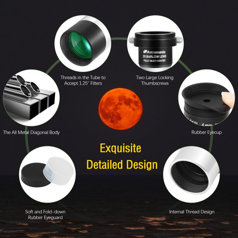 Astromania Multi Coated 1.25-Inch Plossl Eyepiece Set (4mm, 10mm, 25mm) with 2X Barlow Astronomical Telescope Accessory Kit - Let You Get The Most Out and Enhances Performance of Your Telescope - Image 5